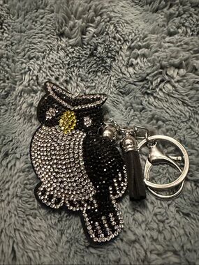 Rhinestone Owl Keychain Charm in Black and Silver